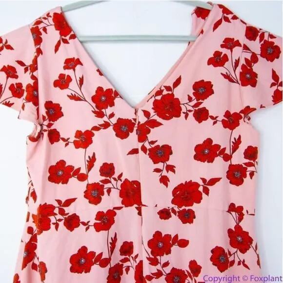 Adrianna Papell warm pink red floral print high low flutter sleeve dress size 14 - Picture 8 of 16